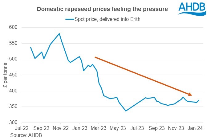 Graph showing domestic rapeseed prices feeling the pressure.the 